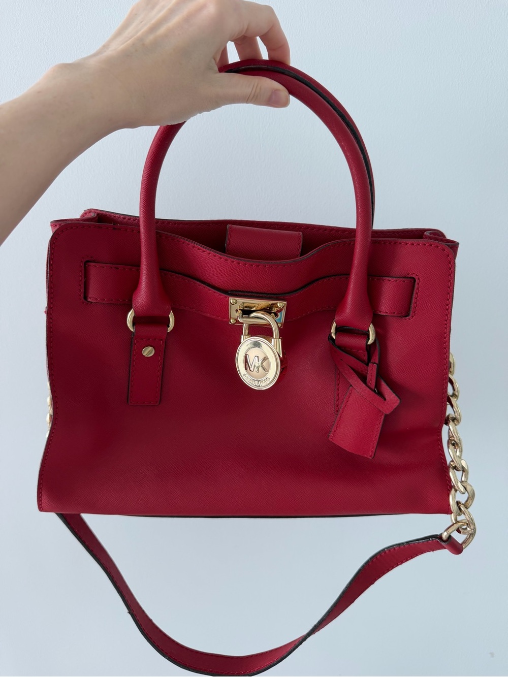 Michael Kors Cherry Red Leather Satchel with Gold Accent